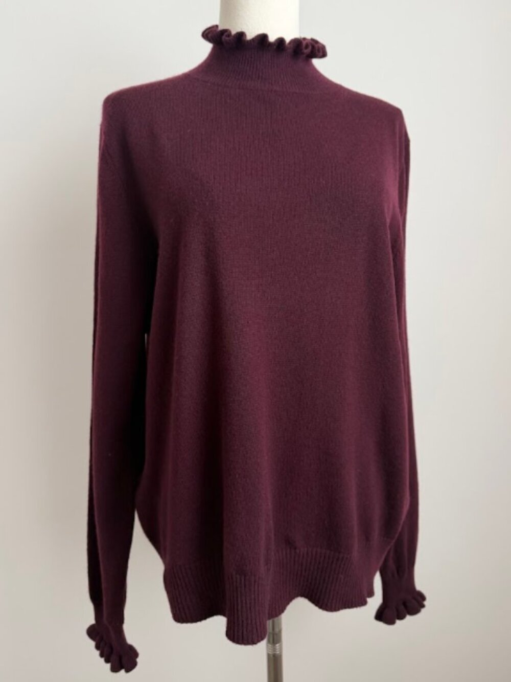 Allude Cashmere Wool Ruffle Neck Pullover Sweater Burgundy Size L